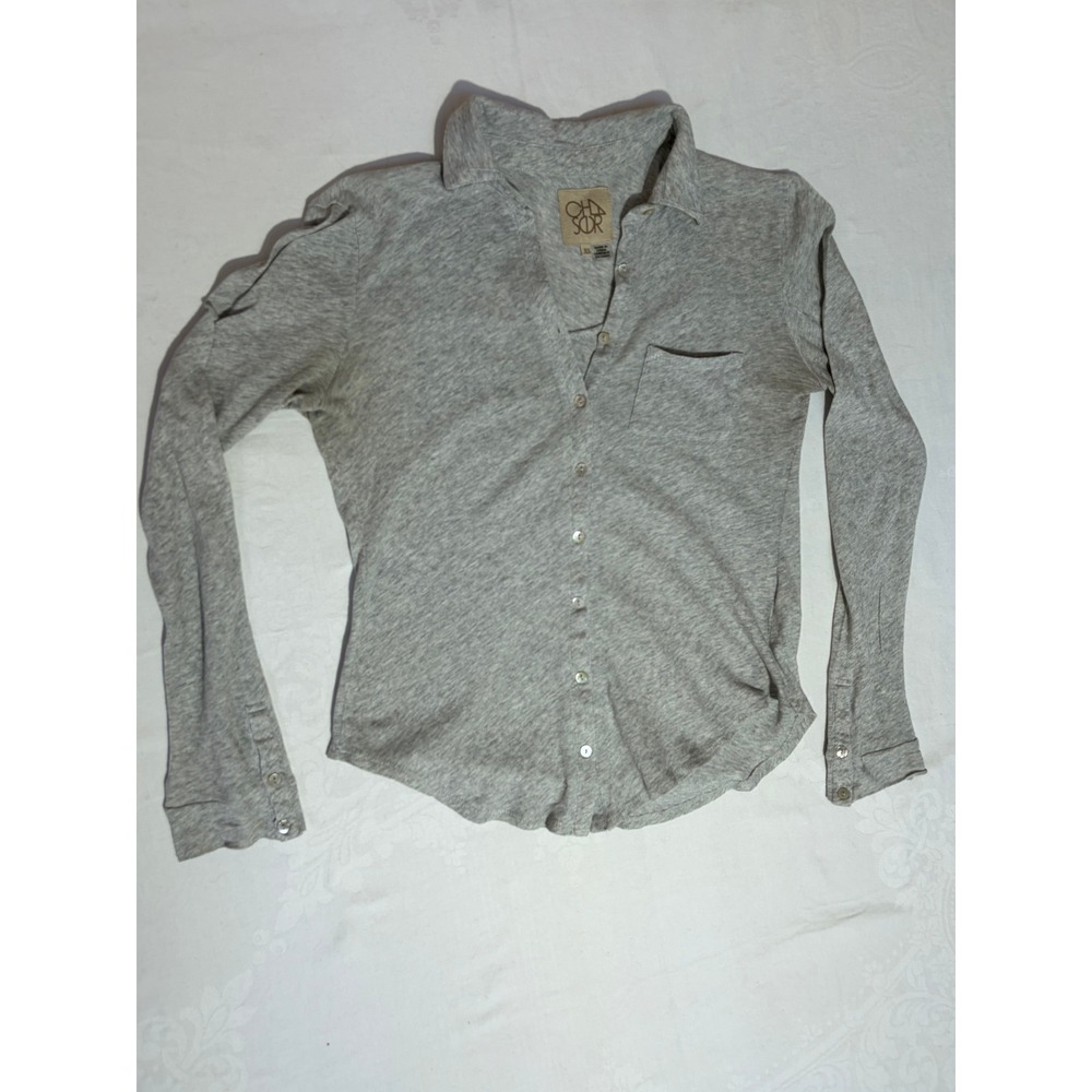 Char Womens Heather Grey Jersey Knit Button Down Long Sleeve Shirt XS